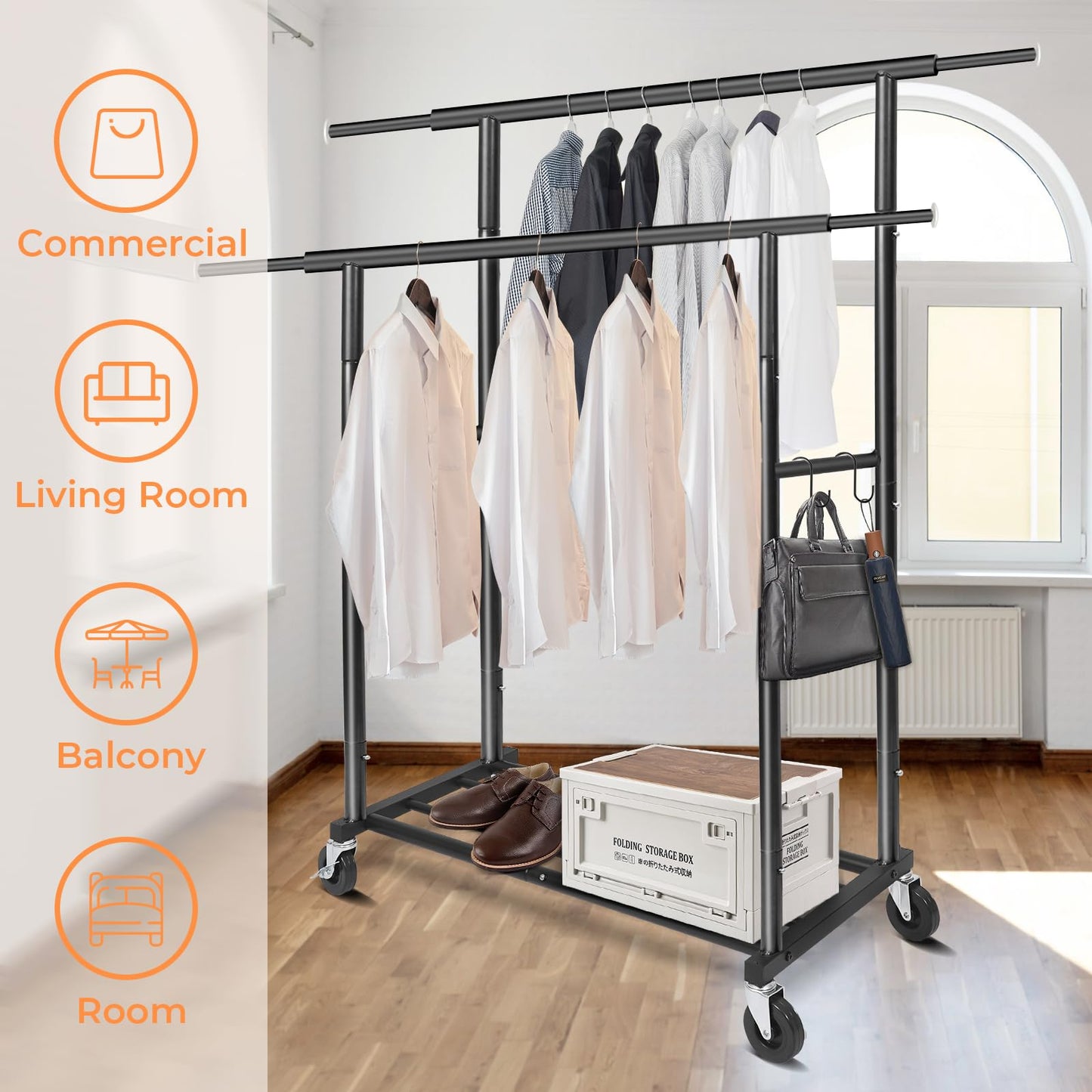 Fishat Stand Portable Black Double Rods Garment Rack with Rolling Clothes Organizer on Lockable Wheels Mobile, 48" W x 15" D x 67" H, Metal Simple Hanging Clothes with 2 Hook