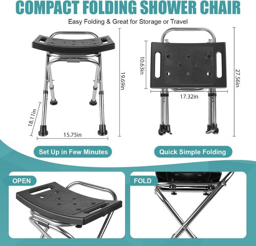 Height Adjustable Folding Shower Chair Seat, Stainless Steel Small Shower Chair for Inside Shower with,400lbs Portable Travel Shower Stool,Safety Anti-Slip Bath Chair for Seniors(Black)