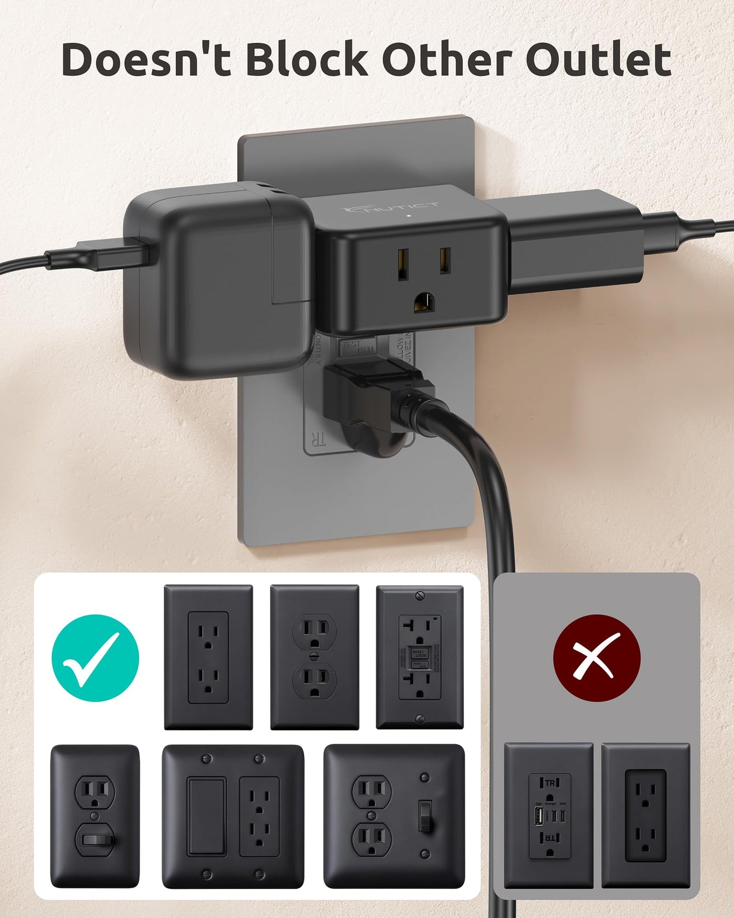NUTICT Multi Plug Outlet Extender 2 Pack, Small Wall Plug Extender, Black