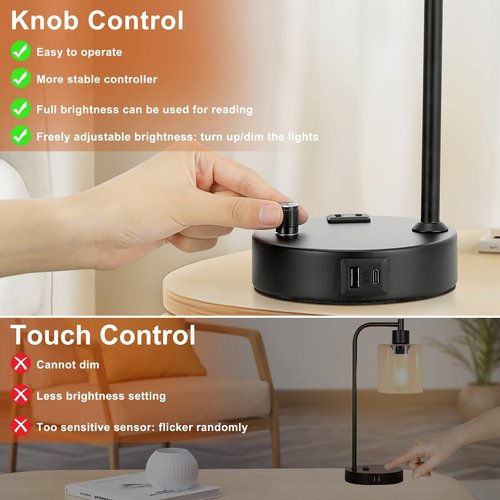 Industrial Table Lamps for Bedrooms Set of 2 - Fully Dimmable Bedside Lamps with USB A and C Ports and Outlet, Black Nightstand Lamps with Glass Shade for Living Room, Desk Lamps for Office Reading