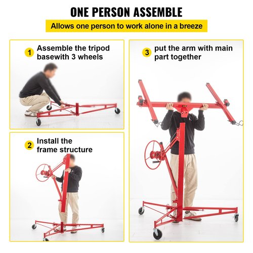 VEVOR Drywall Rolling Lifter Panel, 11ft Sheetrock Lift Drywall Lift, 150lb Weight Capacity Panel Hoist Jack Tool, Steel Material w/Telescopic Arm & 3 Lockable Wheels, 48x192 in Plasterboard Size