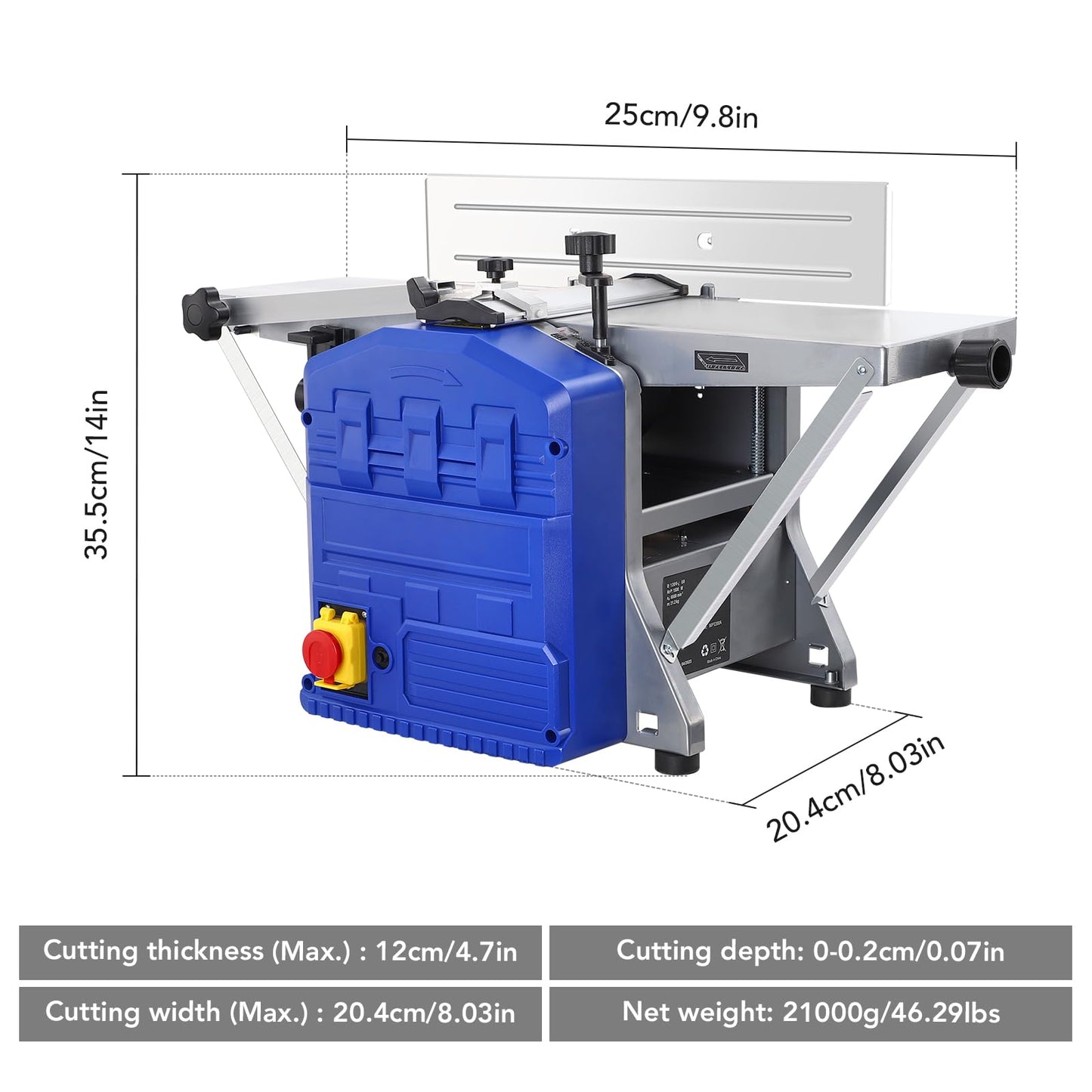 Electric Bench Planer,Dual Function Wood Planer Machine,Low Noise,Worktable Thickness Planer for Hardwood Softwood Planing and Thicknessing Benchtop Woodworking Tool 1250W 9.8x8.3×14 Inch