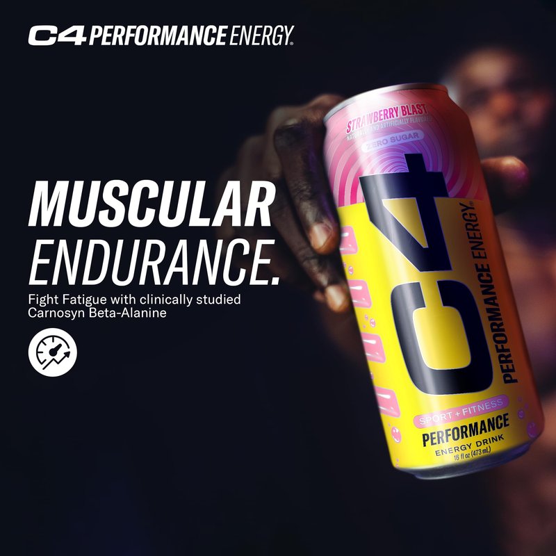 C4 Performance Energy Drink | Strawberry Blast | Zero Sugar Carbonated Preworkout Energy | 200mg Caffeine with Beta Alanine | 16 Fl Oz (12 Pack)