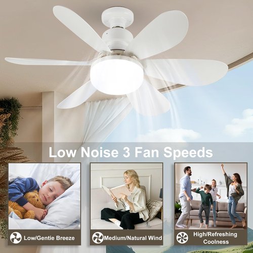 QIHANS 2 in 1 Socket Ceiling Fan with Light, 20.5 inch Screw in Small Ceiling Fans, E26/E27 Base Dimmable Light Socket Fan, 3000-6500K LED Light Bulb with Remote for Bedroom Kitchen Garage