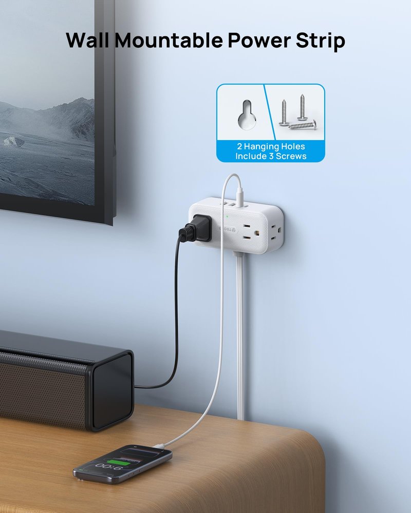 TROND 360° Rotating Flat Plug Power Strip, 5FT Extension Cord with 4 USB Ports, 4 Wide Spaced AC Outlets, Wall Mount, 900J Surge Protector for Office Travel Dorm Room Essentials, White