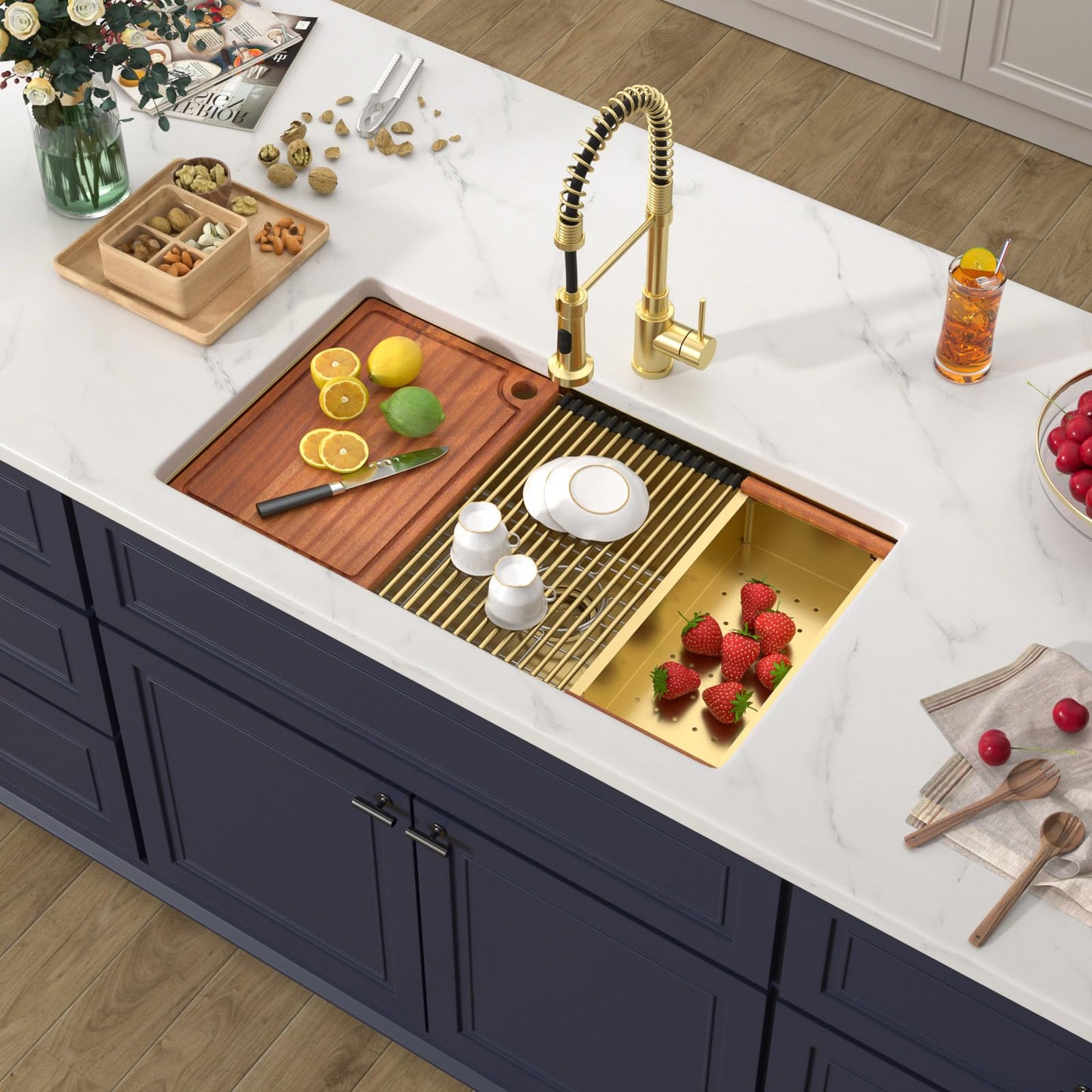 Donsdey 36 Inch Brushed Gold Undermount Workstation Kitchen Sink 36''x19'' Stainless Steel Single Bowl Undermount Large Capacity Sink with Luxury Accessories Handmade Deep Bowl Sinks