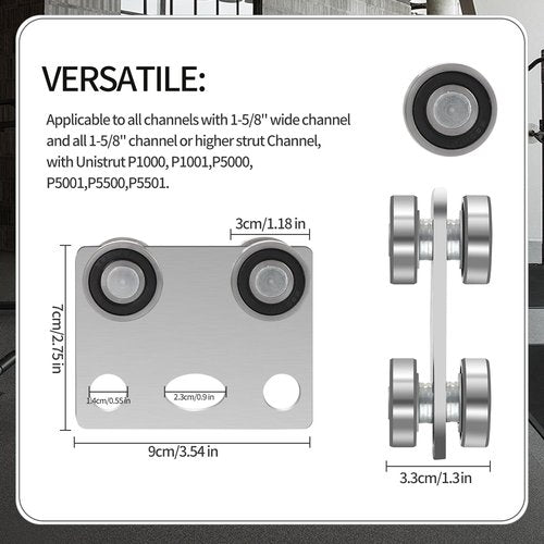 BIAXJUNY 4 Wheel Trolley Assembly Rollers, Bearing Trolley Assembly for Use with 1-5/8" Wide and All 1-5/8" or Taller Strut Channel(2 Pack)