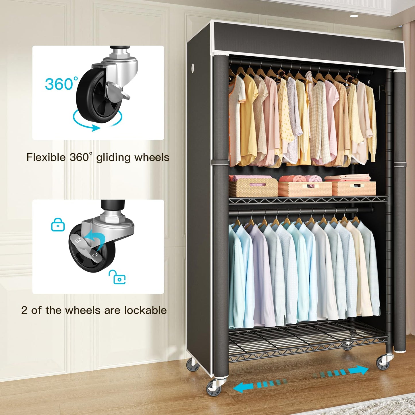 FUTASSI Clothing Rack with Cover, P1C Rolling Closets with Wheels, Metal Garment Rack for Hanging Clothes, Clothing Storage Wardrobe with Cover, 36.2" W x 16.5" D x 80.5" H, Black, Load 450 Pounds