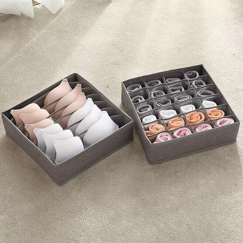 Underwear Drawer Organizer Set – Grey Collapsible Storage Boxes with 7 Compartments for Bras, Socks, and Ties – Made of Oxford Fabric with Sturdy Plastic Frame