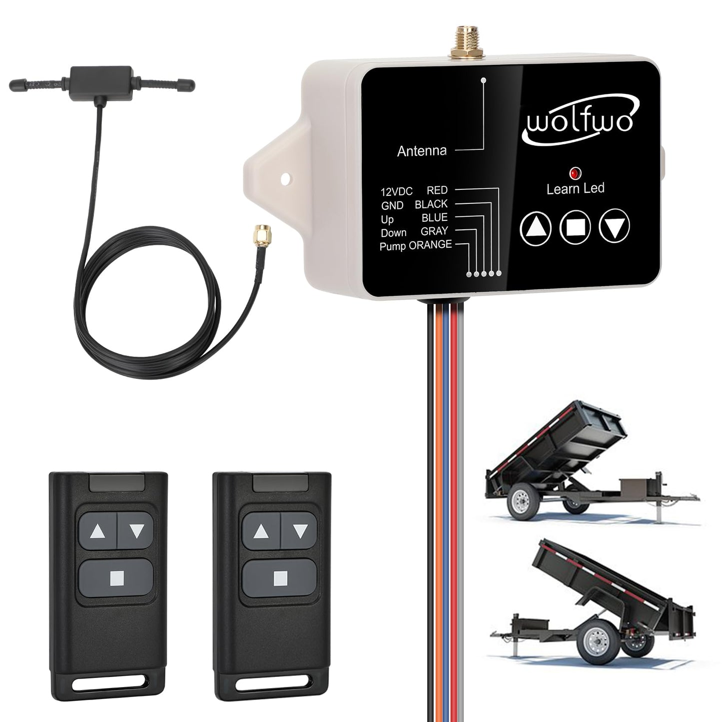 wolfwo Dump Trailer Wireless Remote Controller, for 3-Wire/4-Wire 12V Hydraulic Dump Trailer. 100 Ft. Signal Distance, Safe and Efficient, Easy Installation, with 2 Wireless Remote Controls
