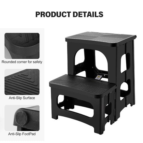 2-Step Folding Stool, Non-Slip Collapsible Step Stools, Bedside Stepstools, Portable Bedside Step Stool, Hold up to 300 lbs, Lightweight & Foldable Step Ladder for Kitchen Toilet Office Home RV-Black