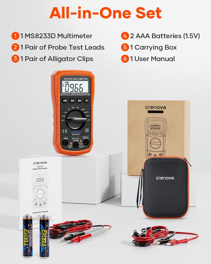 Crenova MS8233D Multimeter 6000 Counts Digital Multimeter DC AC Volt Meter Ohm Volt Amp Tester Measures Voltage Current Resistance Capacitance Continuity Diode Duty-Cycle Frequency NCV Live Wire Test