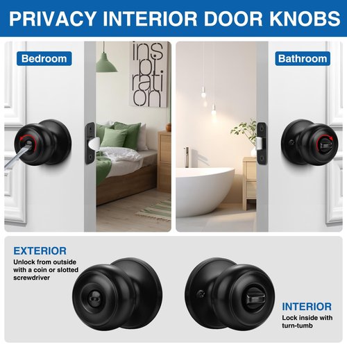 Sopoby Privacy Door Knob, 10 Pack Matte Black Round Keyless Doorknobs Interior/Exterior Lockset, Privacy Locking Door Knobs for Bedroom/Bathroom, Black Modern Design Door Hardware