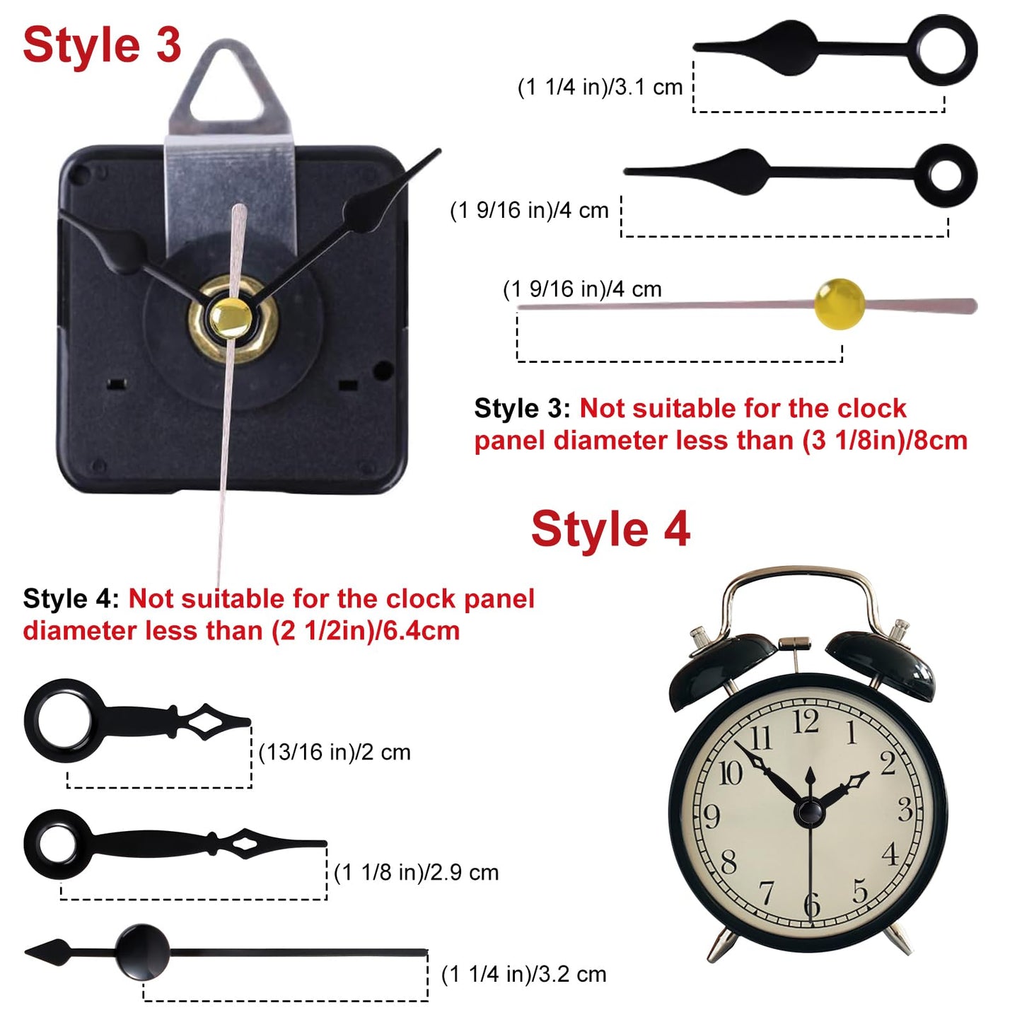 EMOON 3-Piece Silent Clock Mechanism Kit with 8 Pairs of Short Clock Hands Battery Operated Quartz Movement for DIY Clock Repair and Replacement (Total Shaft Length 16mm, 20mm, 23mm)