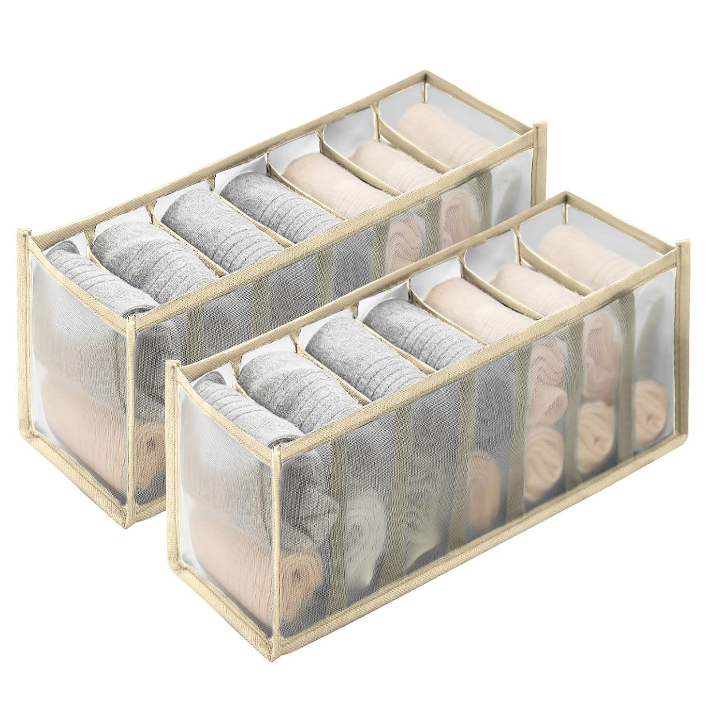 7 Girds Underwear Drawer Organizer Underwear Storage Box Foldable Socks Bra Wardrobe Storage Box(Beige,2Pcs,7 Grids)
