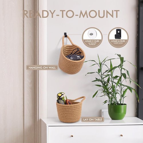 Fabric Wall Hanging Baskets - 3Pack Woven Pouchs Boho Style Wall Mounted Bag with Adhesive Hooks, Storage Organizers and Decoration Pocket Caddy Bins on Door Rack (Linen & Black, Large)