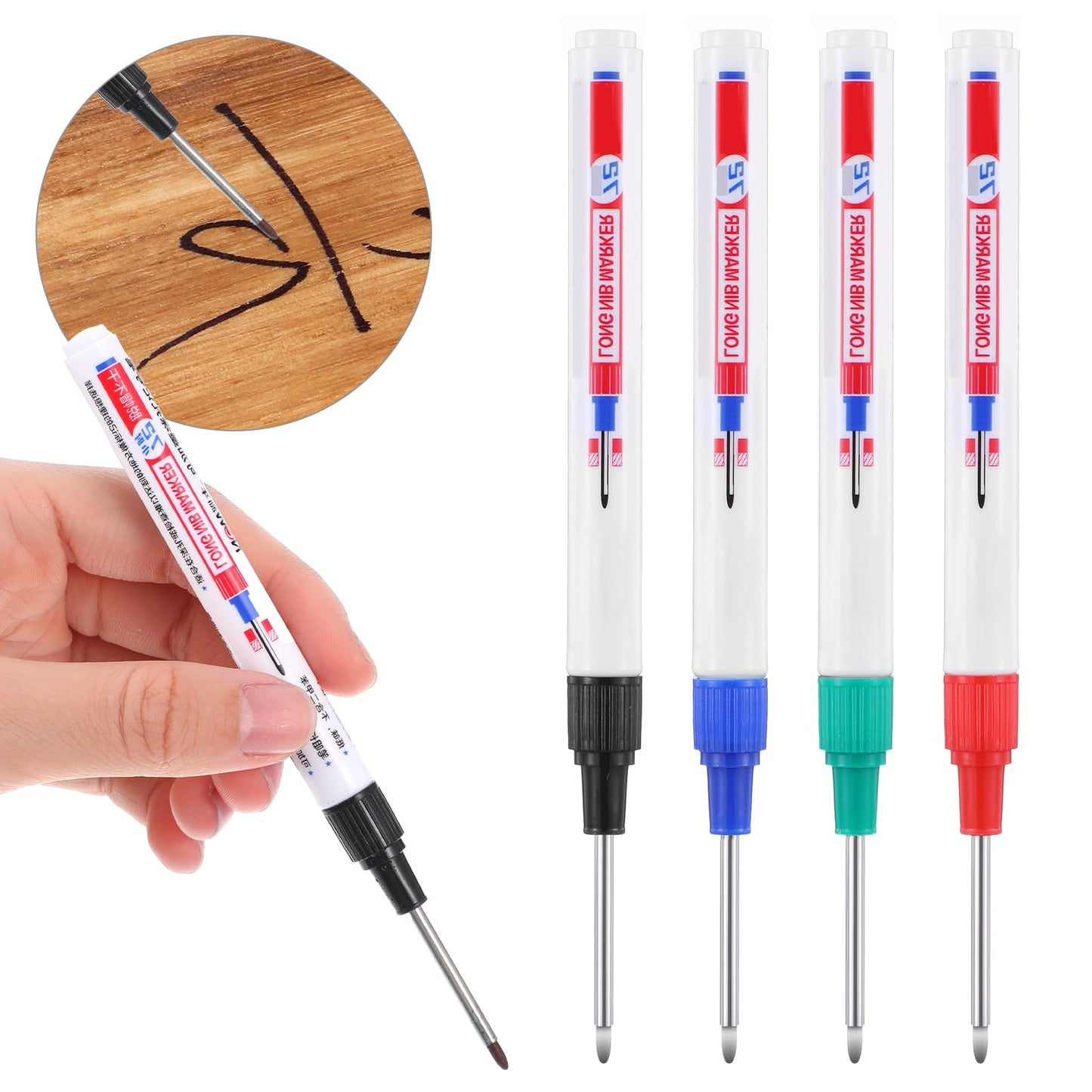 Heclia Long Nib Marker 4 PCS Long Head Deep Hole Marker Pens Multi Purpose Deep Reach Markers Waterproof Construction Long-Nose Markers Quick Dry Carpenter Pen for Bathroom Woodworking Marking Tool
