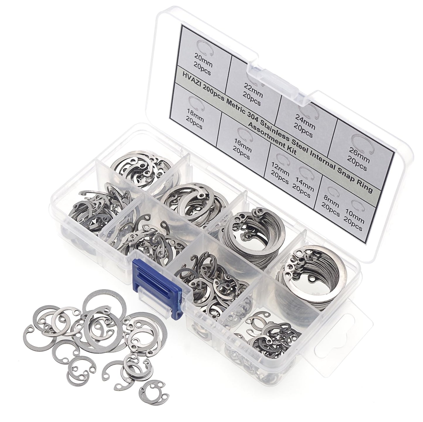 HVAZI 200pcs Metric 304 Stainless Steel Internal Snap Ring Assortment Kit 10 Kinds