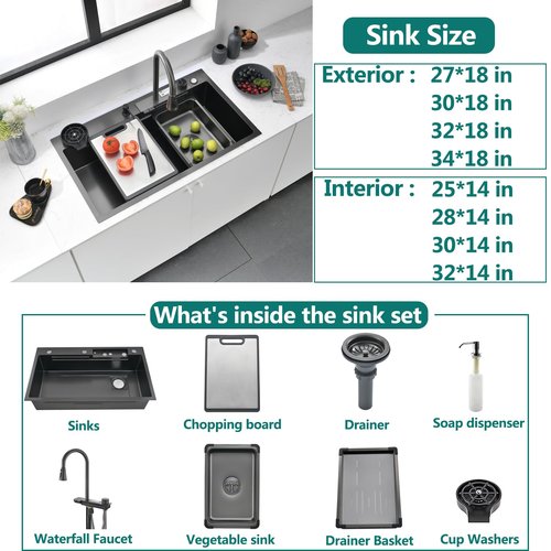 Kitchen Sink Black Luxury Waterfall Kitchen Sinks Modern Multifunctional Stainless Steel Sink With integrated faucet, cup washer, soap dispenser included (Black, 34 * 18in)