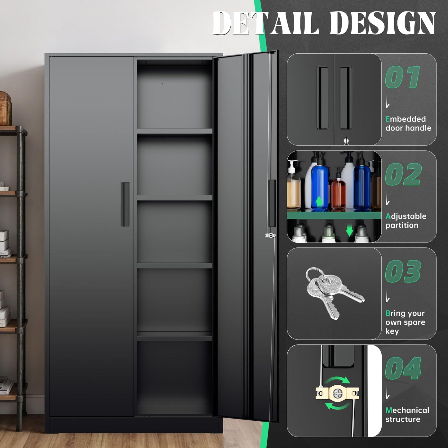 Oakcloud Metal Storage Cabinet Tool Organizer, 72" Lockable Garage Storage Tool Cabinets with 2 Doors and 4 Adjustable Shelves, Locking File Cabinet for Office, Home, School (72“ Standard-Black)