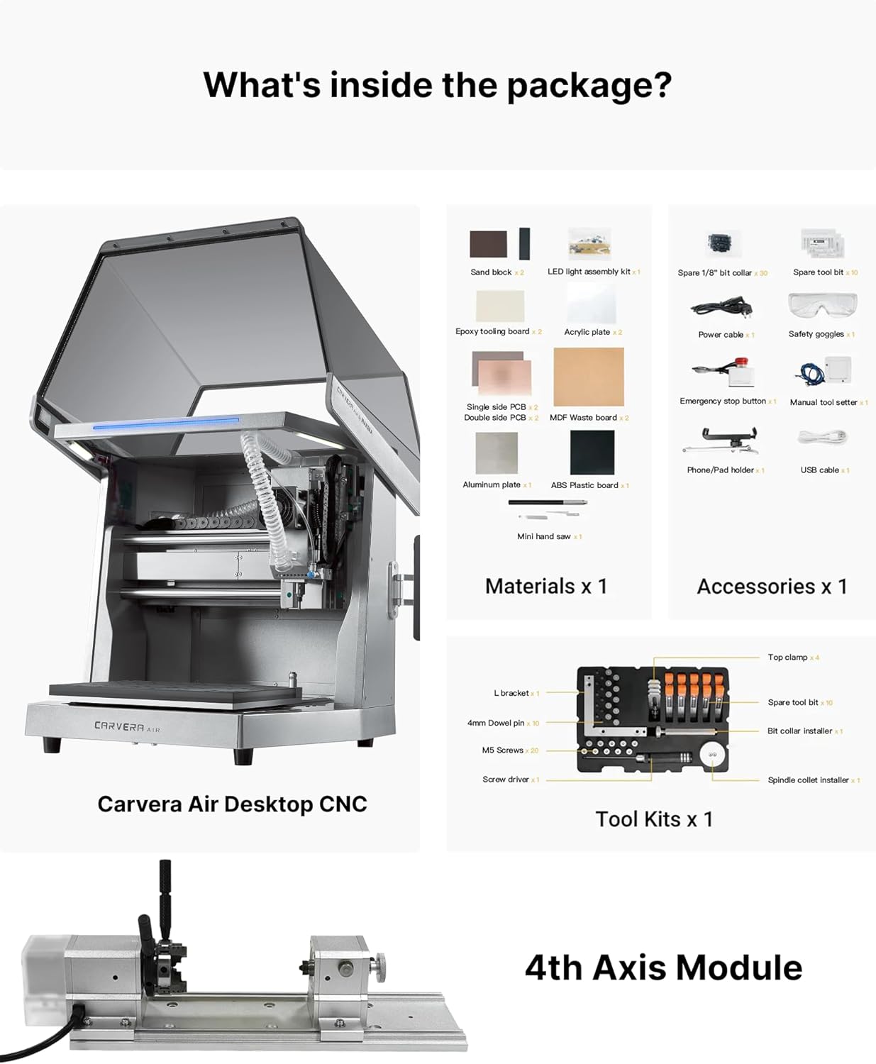 Carvera Air Desktop CNC Machine with 4th Axis and Add-on Module by Makera, Compact Enclosed Mini CNC Router, Quick Tool Changer Closed-Loop Control, User-Friendly CAM for Milling,Cutting, DIY, Crafts