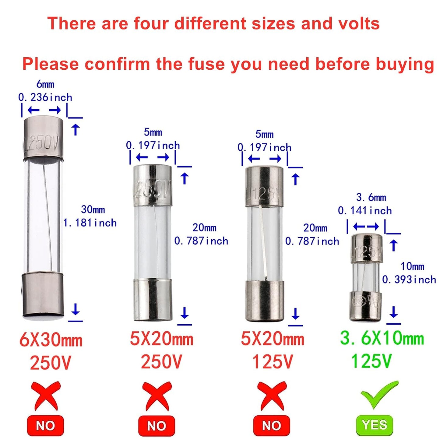 BOJACK Mini Fuse 3.6x10 mm 2.5 A 2.5 amp 125 V 125 Volt 0.14x0.39 Inch F2.5AL125V Fast Blow Glass Fuses (Pack of 10)