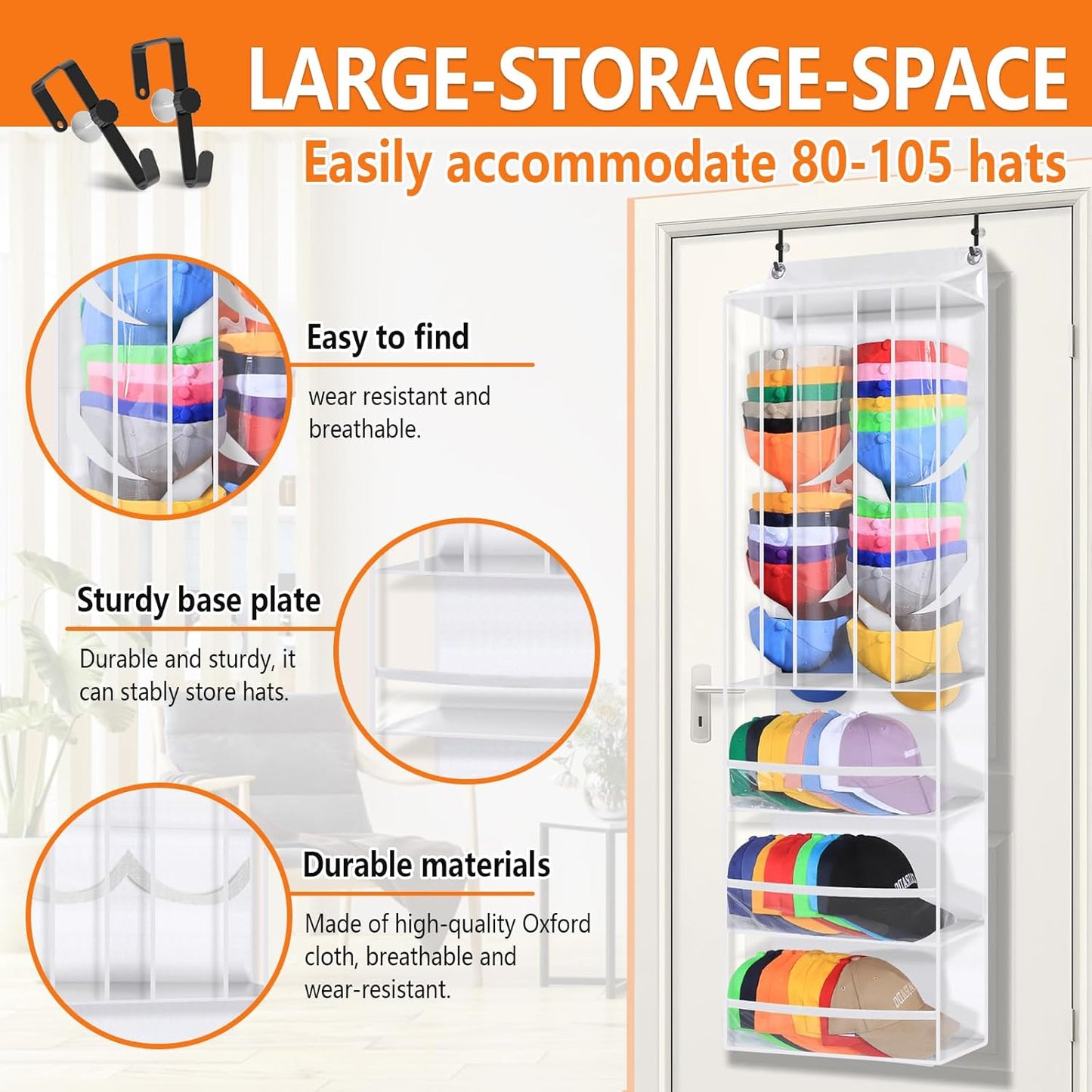 Toread Dual Purpose Over The Door Hat Organizer,Holds 80+ baseball caps Baseball Hat Organizer,Adjustable-hook design Hat Rack For Door,Fits closet/bedroom/pantry Over Door organizer-W
