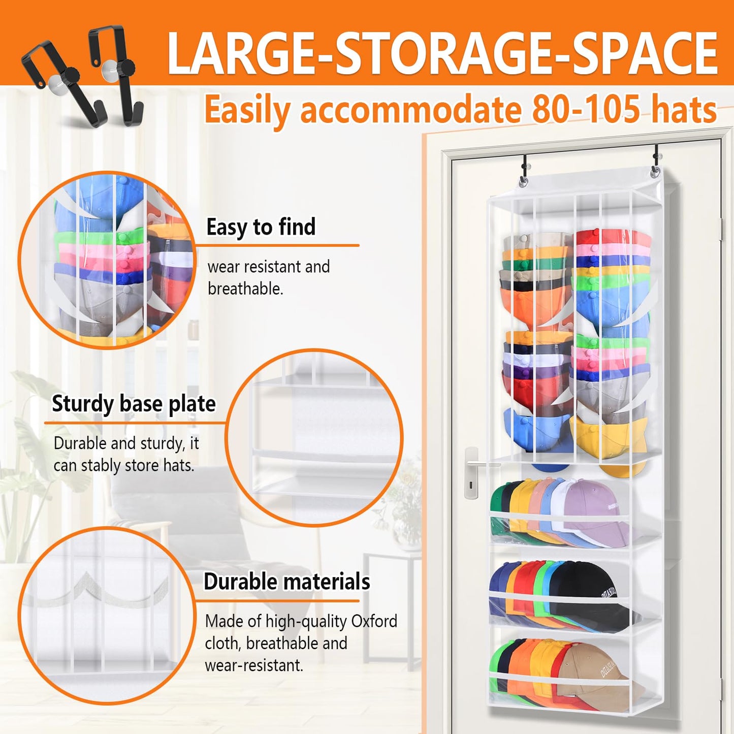 Toread Dual Purpose Over The Door Hat Organizer,Holds 80+ baseball caps Baseball Hat Organizer,Adjustable-hook design Hat Rack For Door,Fits closet/bedroom/pantry Over Door organizer-W