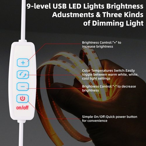 COB LED Strip Lights 5V USB 3.28ft/1m 640LEDs Dimmable LED Lights 6000K White 10W Flexible LED Light Strips Under Cabinet Tape Lights for Bedroom Kitchen DIY Lighting Room Decor TV Backlight