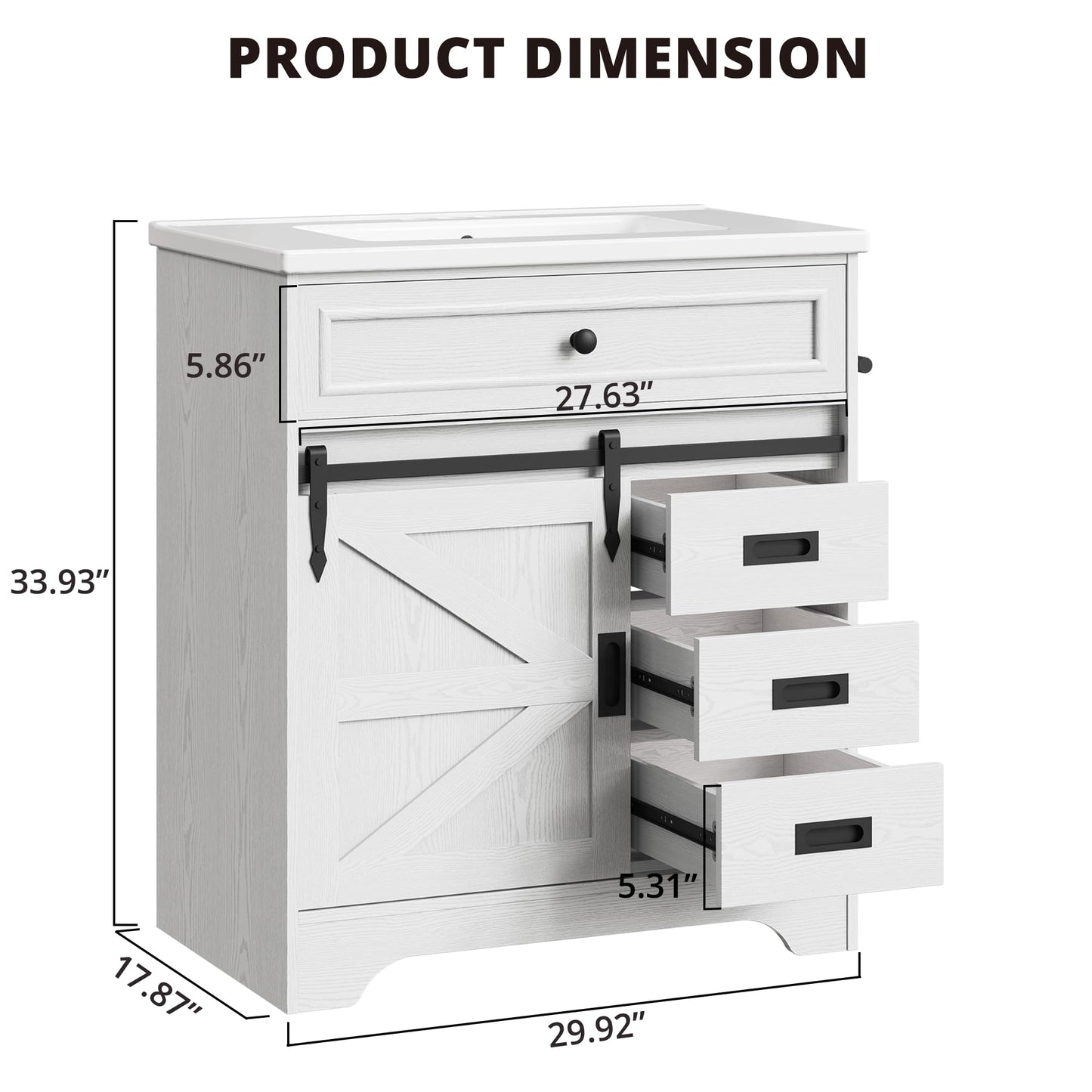 IRONCK 30" Bathroom Vanity with Sink, Farmhouse Bathroom Sink Cabinet with Flip Drawer & Sliding Barn Door, Freestanding Bathroom Vanities with Metal Handles, Paper Towel Holder,White
