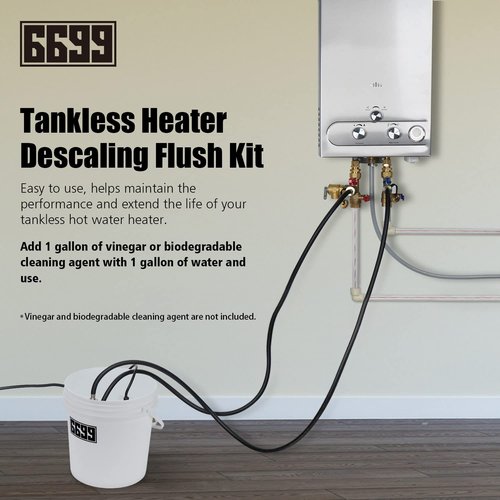 6699 Tankless Water Heater Descaling Flush Kit Includes Submersible Utility Pump with Adapters 3 Gallons Pail with Bucket Lid Opener and Two 3/4" GHT X 6FT PVC Black Hoses Easy Installation to Clean