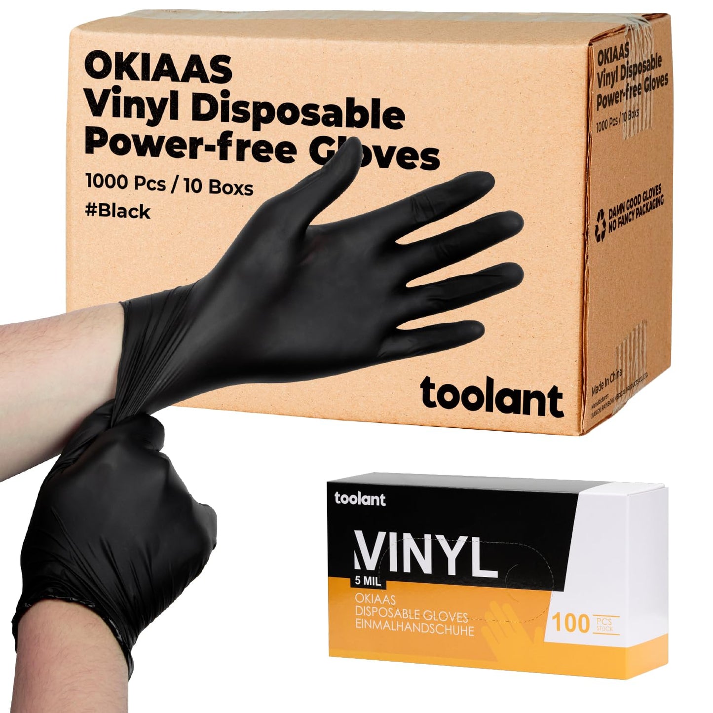 OKIAAS Black Disposable Gloves XL, Vinyl Gloves Disposable Latex Free, 5 mil, 200 Count, for Food Prep, Household Cleaning, Hair Dye, Tattoo