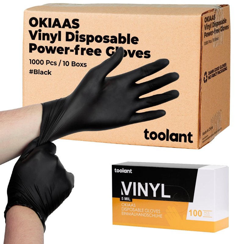 OKIAAS Black Disposable Gloves XL, Vinyl Gloves Disposable Latex Free, 5 mil, 200 Count, for Food Prep, Household Cleaning, Hair Dye, Tattoo