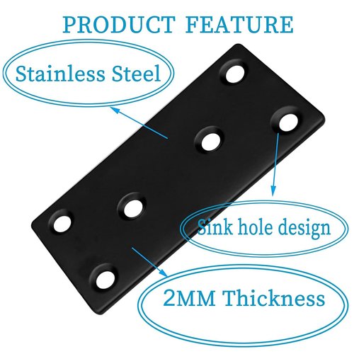 REDOVANT 20PCS Black Flat Mending Plates, 2Inch Stainless Steel Straight Mending Joining Plates, Heavy Duty Metal Brackets for Brace, Repair Fixing Bracket Plates for Wood Furniture Fence Bookcase