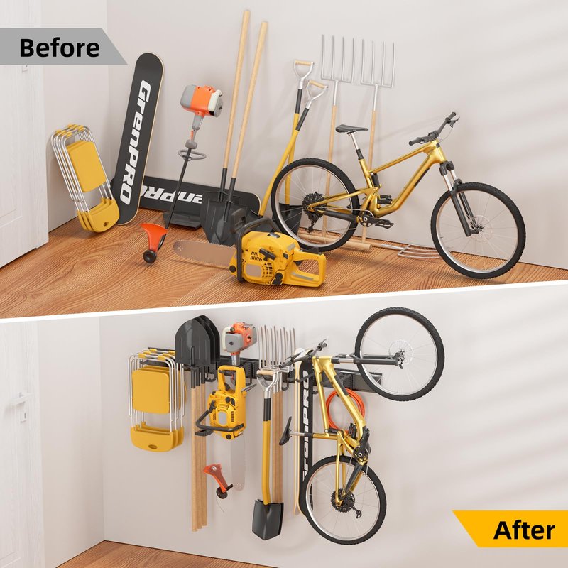 GRENPRO Garage Tool Organizer Wall Mount with 49.5 inches Rails and 6 Double-layer Hooks, Heavy Duty Tool Rack, Garage Storage Rack For Yard Tools