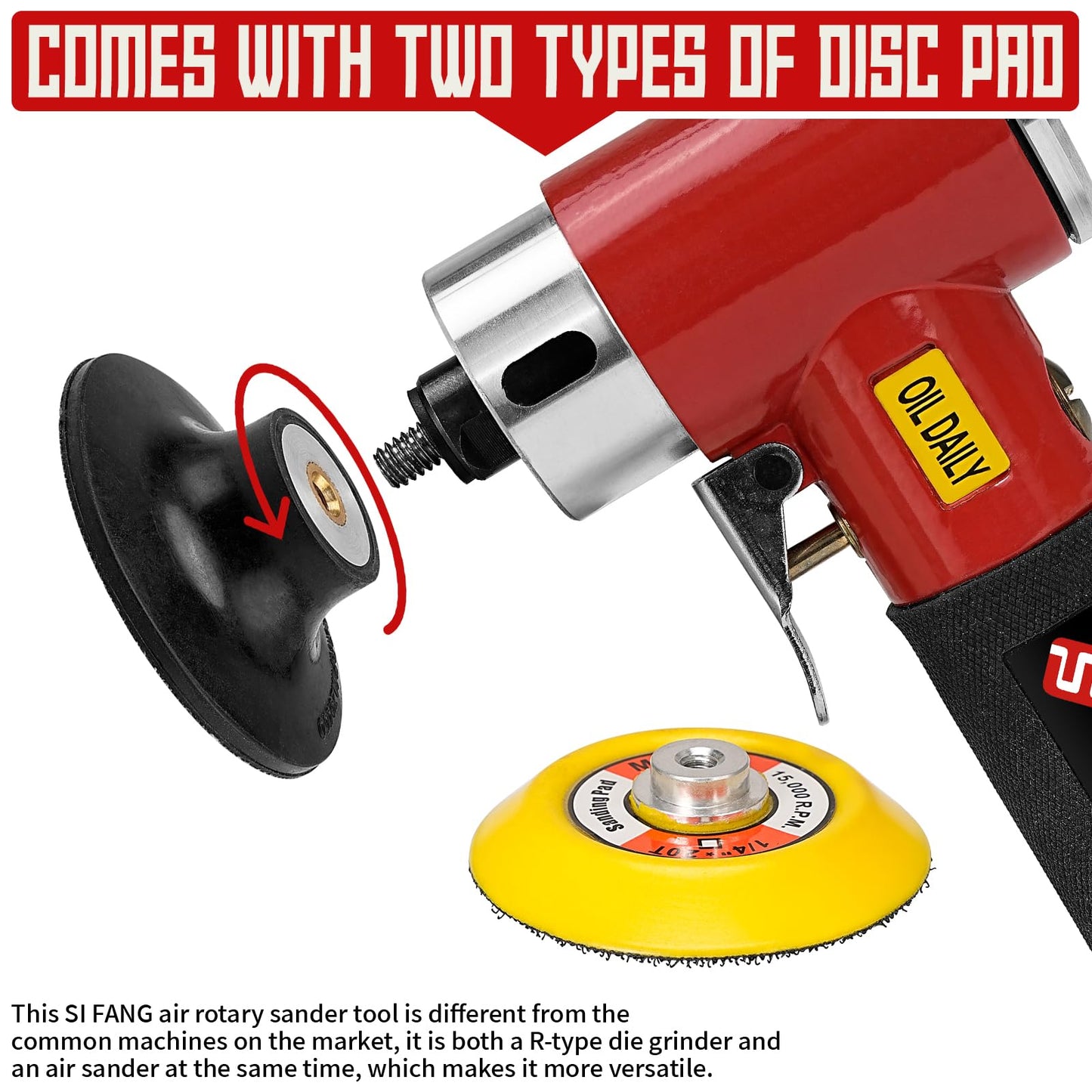 SI FANG 3 Inch Air Sander Right Angle Grinder, Upgraded Mini Pneumatic Polisher Surface Prep Conditioning Rotary Tool Kit with 45Pcs Roll Lock Quick Change Disc and Sanding Discs