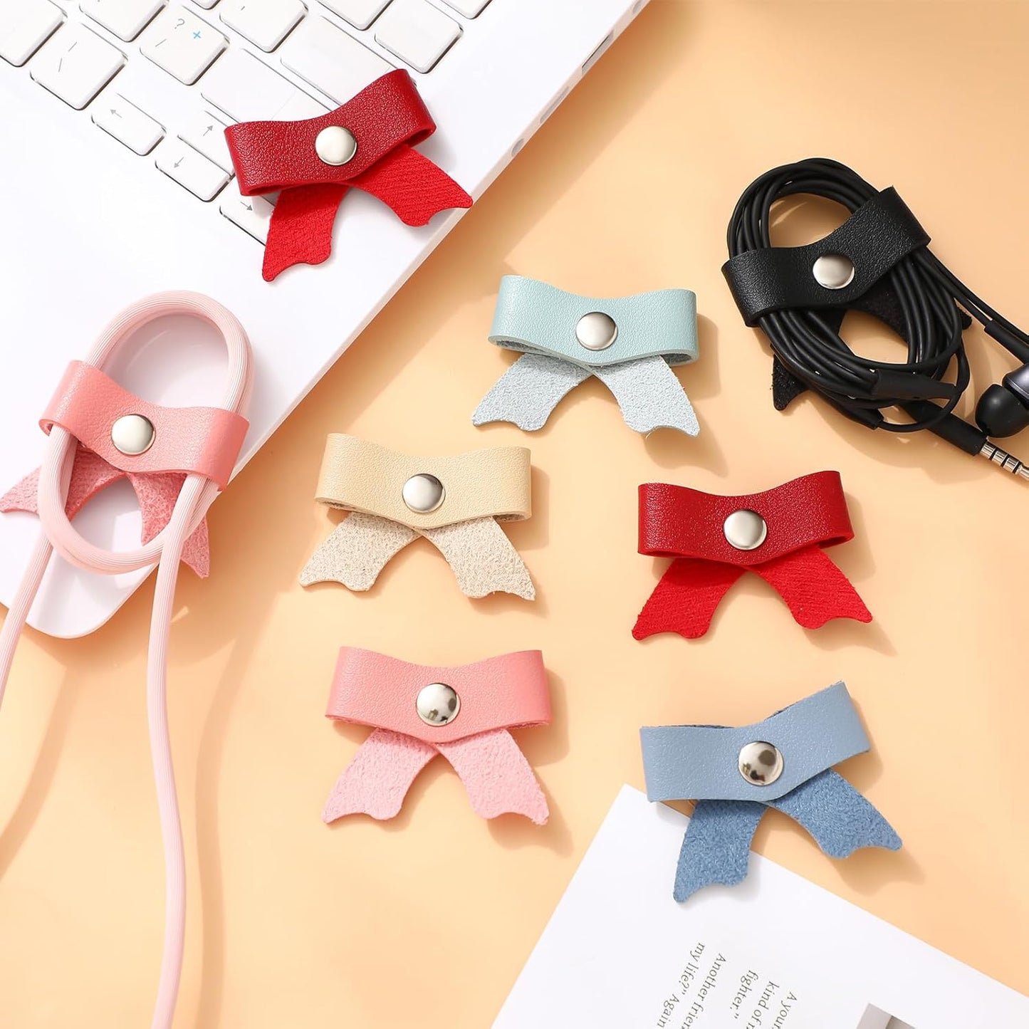 Weysat 12 Pcs PU Leather Charger Cord Organizer Bow Cord Keeper Headphone Earphone Bowknot Cable Management USB Cable Organizer