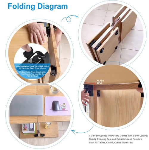 4 Pack Folding Brackets, Self-Locking Hinges with Screws & Non-Slip Pads, 500LB Capacity Adjustable Support for Table/Bed/Desk Legs, Quick-Install Heavy-Duty Extension Support Bracket