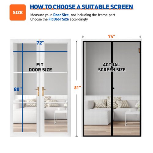 MAGZO Magnetic Screen Door Fit Door Size 72 x 80 Inch, Screen Size 74" x 81" Strong Magnet French Style Mesh, Fiberglass Heavy Duty Mesh with Hook & Loop for Sliding Entrance, Gray