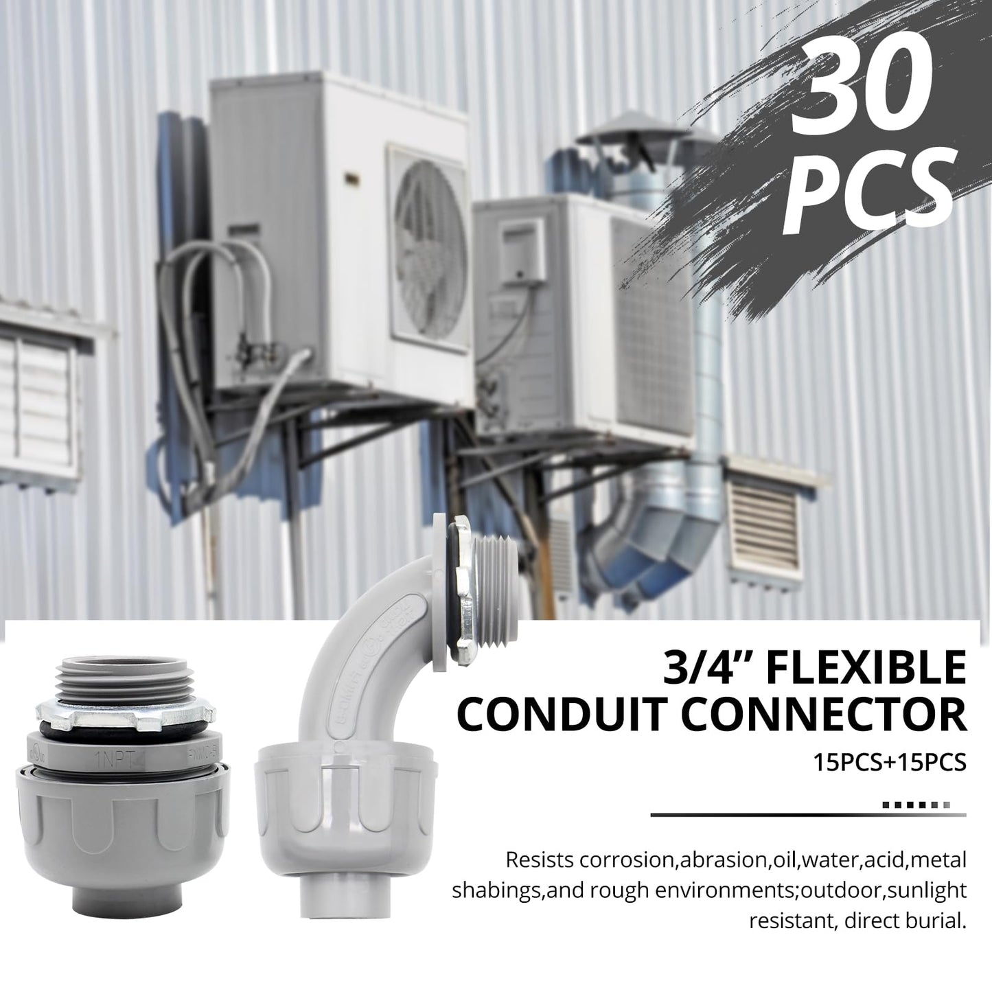 AIRTAK 30-Pack 3/4" Liquid Tight PVC Electrical Conduit Connectors, Flexible Fittings (15Pack of 90°& 15 Pack of 180°Angles).