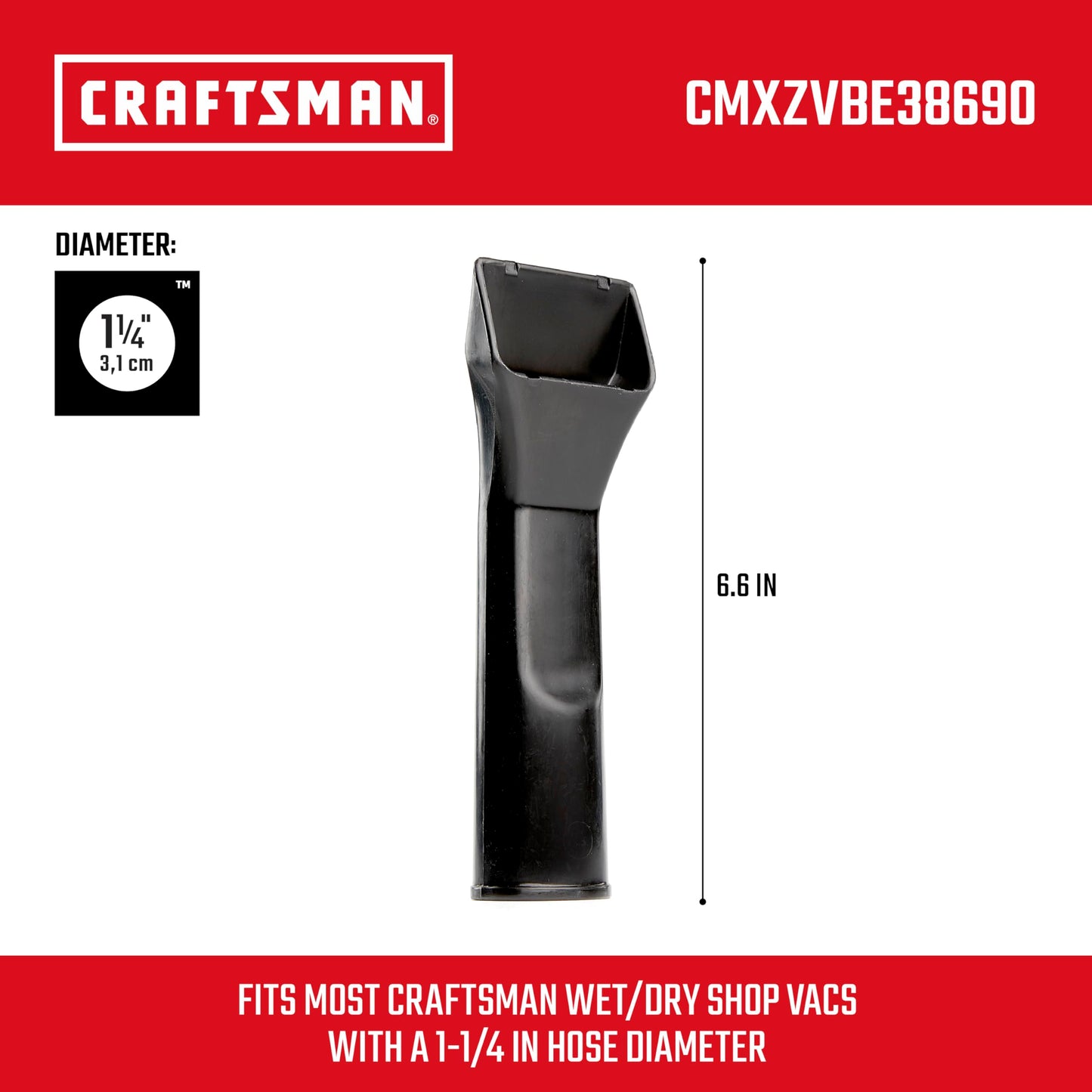 CRAFTSMAN CMXZVBE38690 1-1/4 in. Car Nozzle Wet Dry Vac Attachment, Industrial-Grade Shop Vacuum Accessory for Deep Automotive Cleaning, Fits 1-1/4 in. Hose Diameter