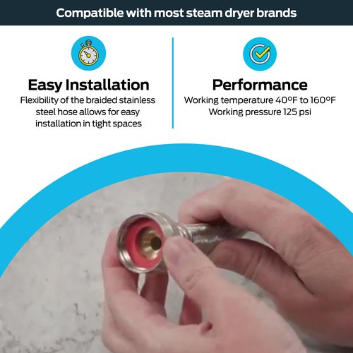 Eastman Steam Dryer Adapter Hose, 3/4 Inch F.I.P x 3/4 Inch F.I.P Connectors, 1 ft Braided Stainless Steel Hose, 41021