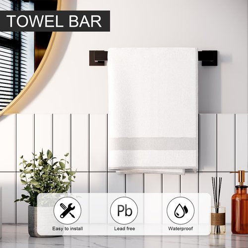 HAWKROWN 5-Piece Matte Black Bathroom Accessories Set, SUS304 Stainless Steel Wall Mounted 16 Inch Hand Towel Bar, Toilet Paper Holder, Towel Ring, Towel Hooks, Bathroom Hardware Set, Towel Bar Set