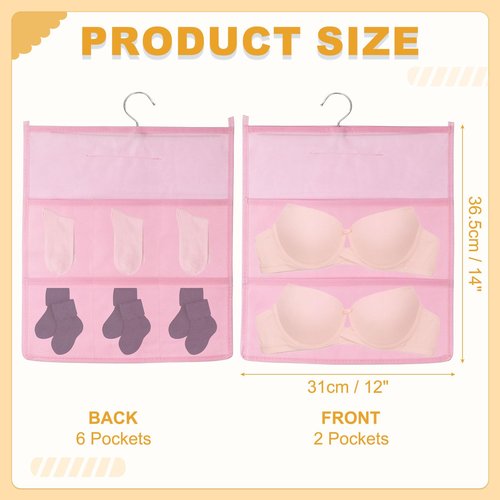 uxcell Hanging Closet Organizer, Bra Storage Bag Double-Sided Shelves for Underwear Socks Closets Bedroom Bathroom, Pink (2+6 Pockets)