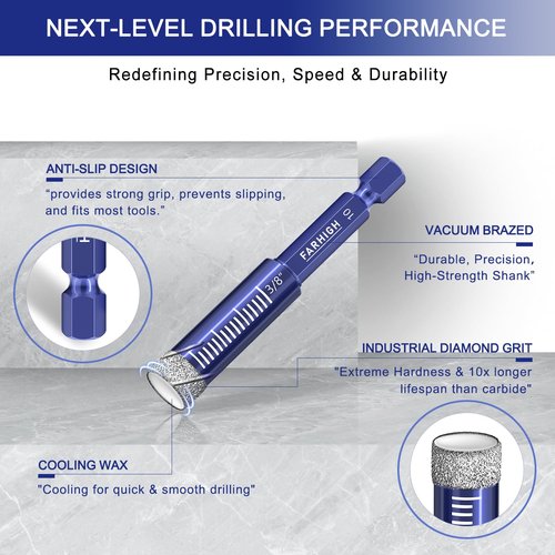 9 Pcs Diamond Drill Bit Set for Porcelain, Ceramic, Tile, Glass, Granite, Concrete, Masonry, Stone, Hex Shank Tile Drill Bits, Premium Industrial Diamond Grit, for Efficient Precise Drilling
