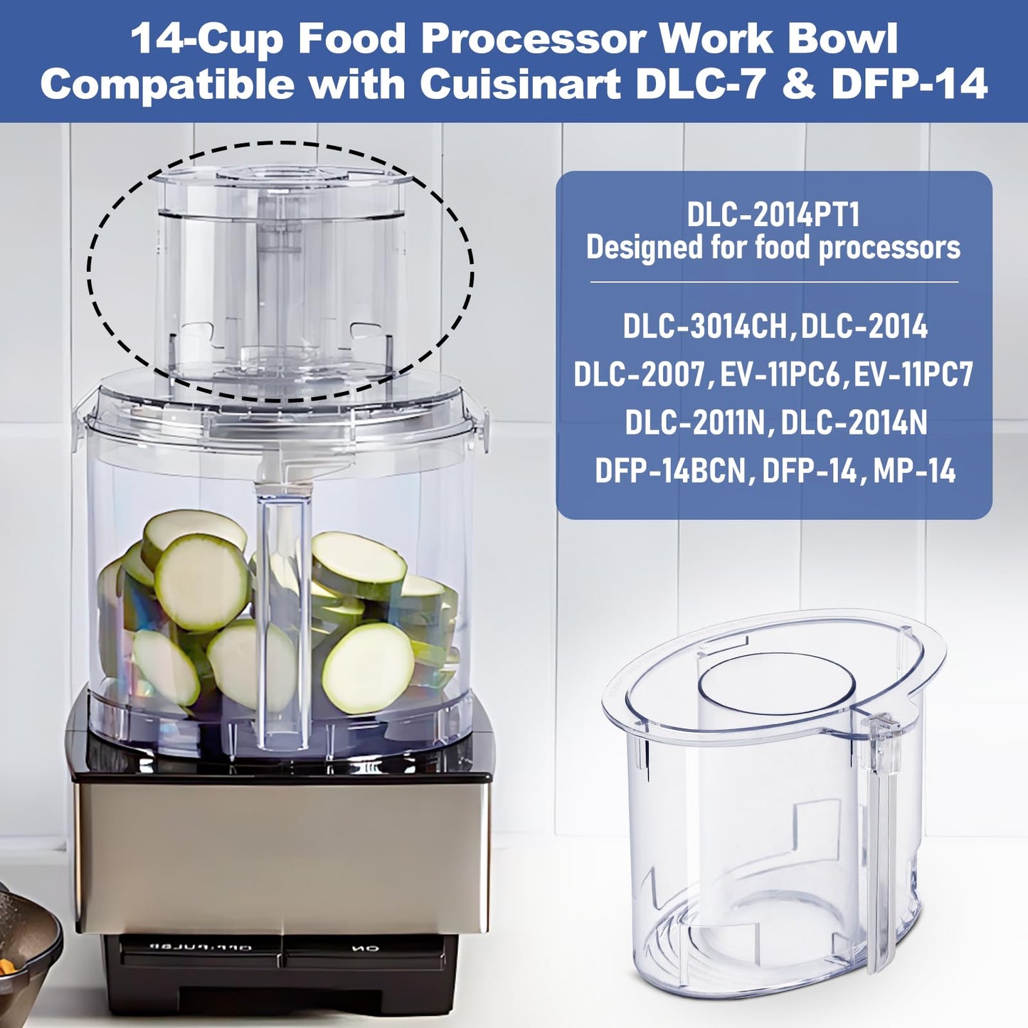 14-cup Large Pusher DLC-2014PT1 and Small Pusher DLC-2014SPT1-1, Compatible 4 Locking Tabs DLC-005AGTXT1 Bowl and DFP-14NWBCT1X Cover, Cuisinart Food Processor Parts Replacement Fits DFP-14 DLC-2014,