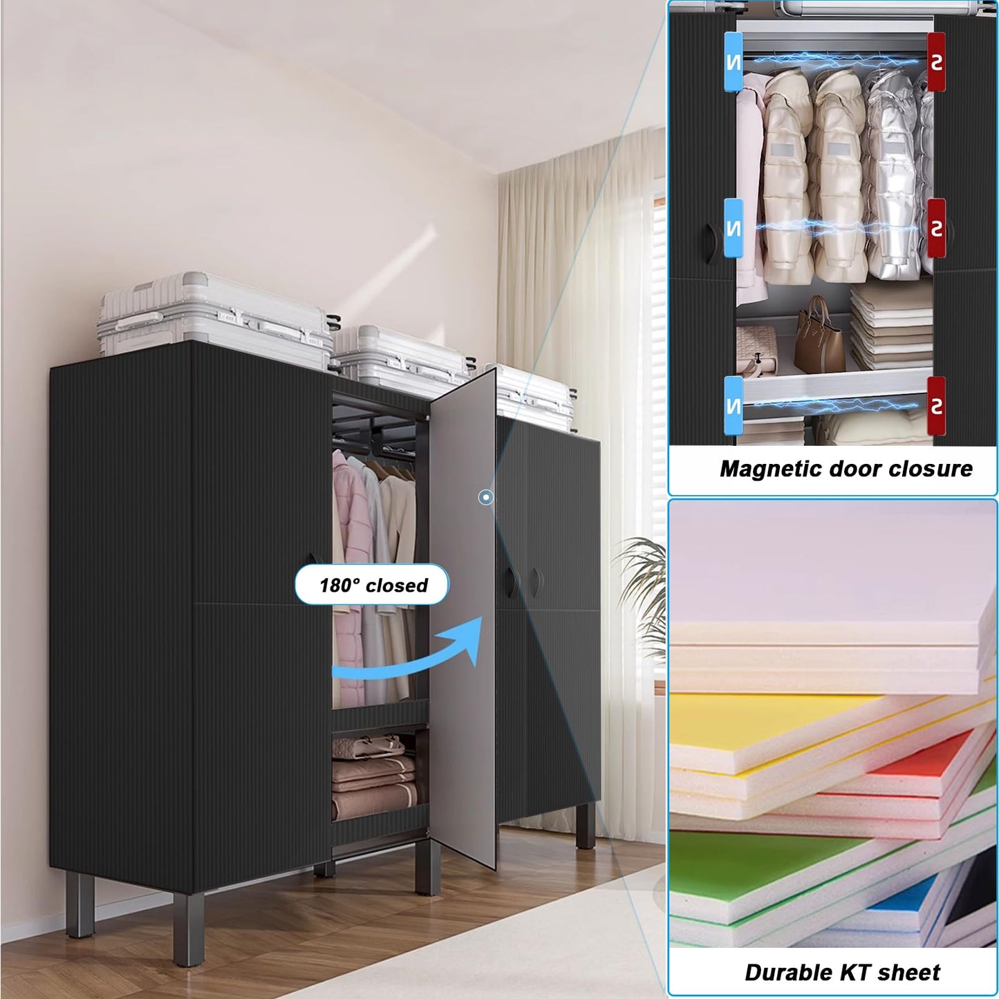 FPIGSHS Heavy Duty Clothes Rack with Magnetic Door 2000LBS Foldable Portable Wardrobe Closet for Hanging Clothing Rolling Garment Rack on Wheels for Bedroom Closet System (A(Black Door), 49.2in)