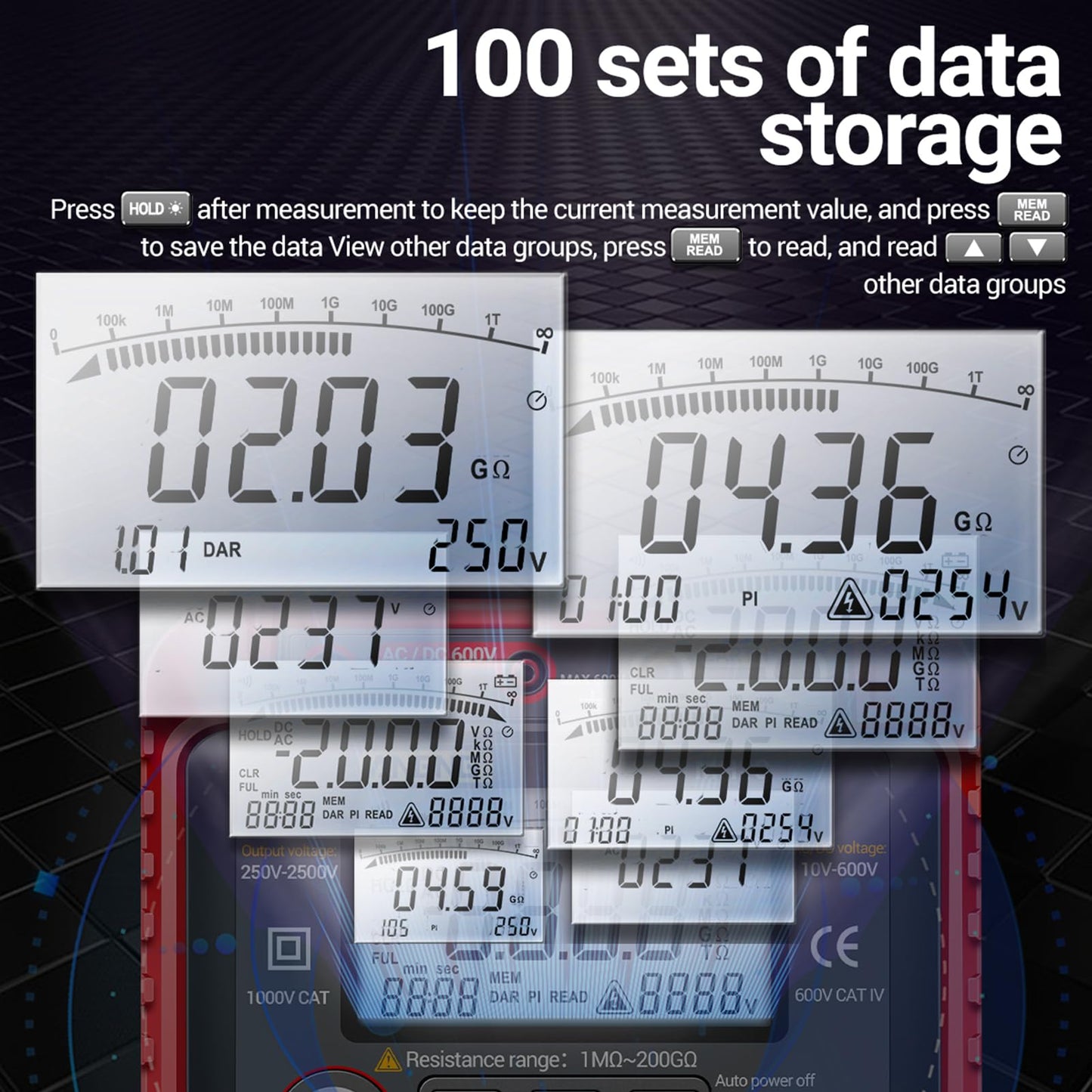 MH13 250V-2500V Digital Insulation Resistance Tester 1MΩ-200GΩ Megger Megohm Testing Meter Auto Range 2000 Counts LCD Display 10V~600V AC/DC Voltmeter with 100 Data Storage