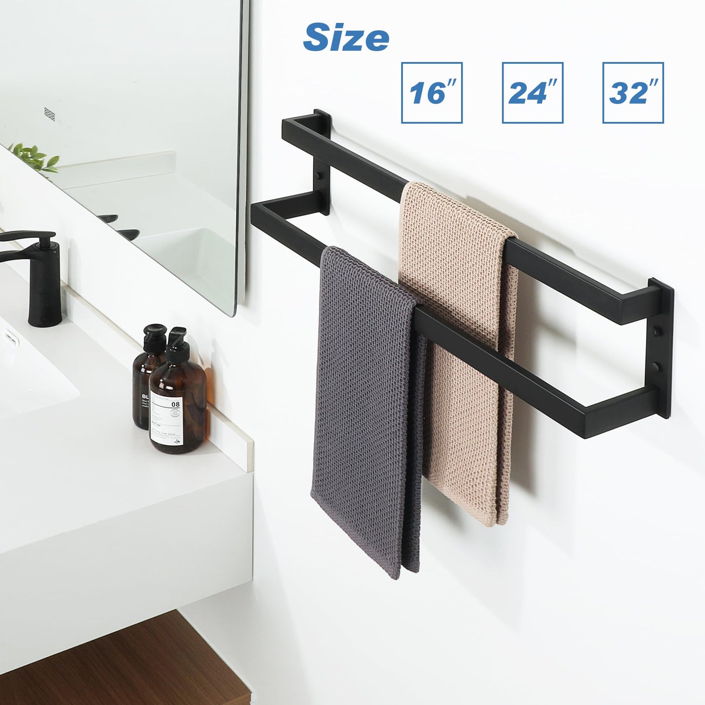 Alise Double Towel Bar 24", SUS304 Stainless Steel Towel Racks for Bathroom Wall Mounted, Heavy Duty Bathroom Towel Holder, Space Saving Towel Hanger, Matte Black
