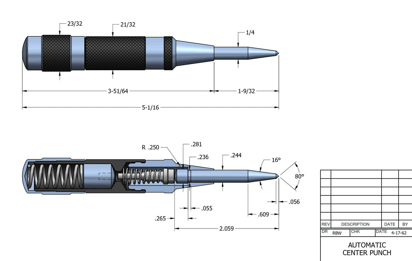 Starrett Steel Automatic Center Punch with Adjustable Stroke - 5-1/4" Length, 11/16" Punch Diameter, Lightweight, Knurled Steel Handle - 18C